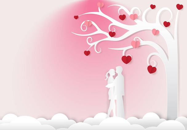 Пара, що стоїть під деревом на рожевому тлі, паперове мистецтво, папір
  - Вектор, зображення
