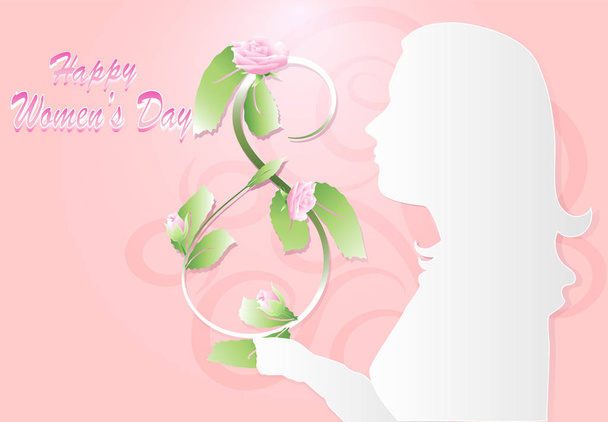 Happy Women's Day. Women and rose paper art style background - Vector, afbeelding