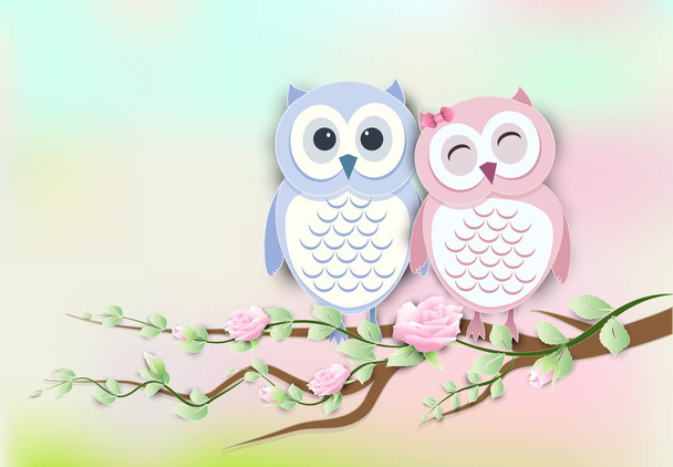 Couple Owl and roses ivy paper art, paper cut style - Vector, Image