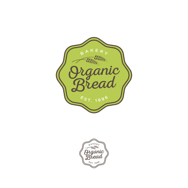 有機パンのパン屋さんのロゴ。パンとパンの紋章。パン、菓子のロゴ。緑の手紙と穎花のバッジ. - ベクター画像