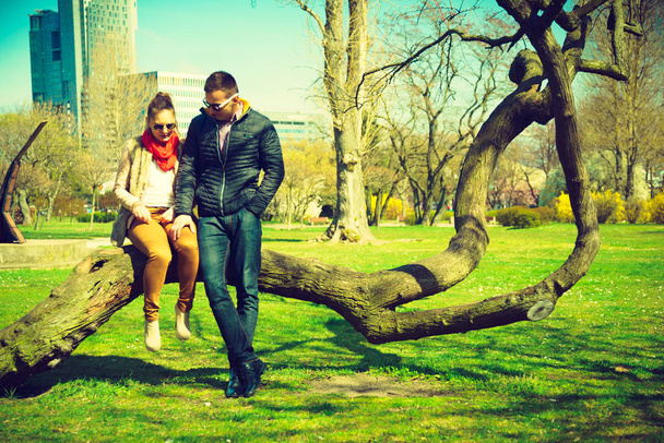 Happy couple having romantic date in park - Zdjęcie, obraz
