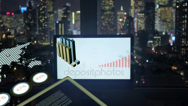Animación de gráficos de gráficos de datos de ventas financieras, gráficos que muestran la red global de negocios en el fondo nocturno de la ciudad
 - Imágenes, Vídeo