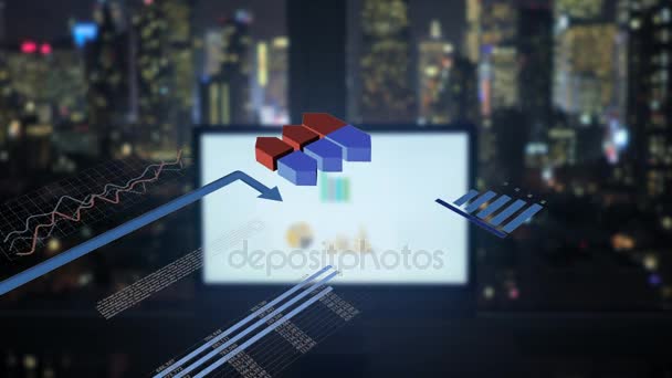 Animation του δημοσιονομικού πώλησης δεδομένων διαγράμματα διαγράμματα, γραφικά στα οποία απεικονίζονται παγκόσμιο επιχειρηματικό δίκτυο σε φόντο πόλης νύχτα - Πλάνα, βίντεο