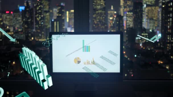 Animation του δημοσιονομικού πώλησης δεδομένων διαγράμματα διαγράμματα, γραφικά στα οποία απεικονίζονται παγκόσμιο επιχειρηματικό δίκτυο σε φόντο πόλης νύχτα - Πλάνα, βίντεο