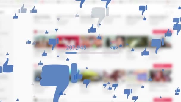 3D animation of progressing bar counting likes and dislikes of social media network with thumbs up and down on blurred background  - Footage, Video