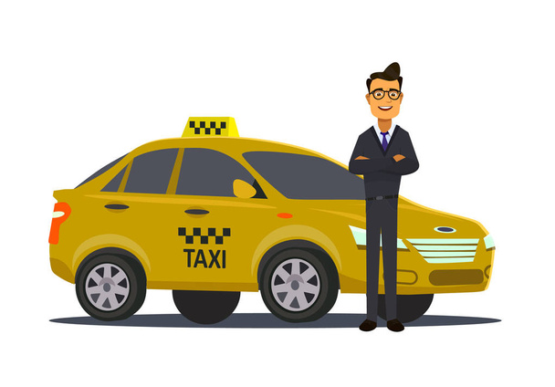 Taksi sürücüsü kavramı. Araba, ulaşım, ulaşım, transfer sembolü veya simge. Vektör çizim - Vektör, Görsel