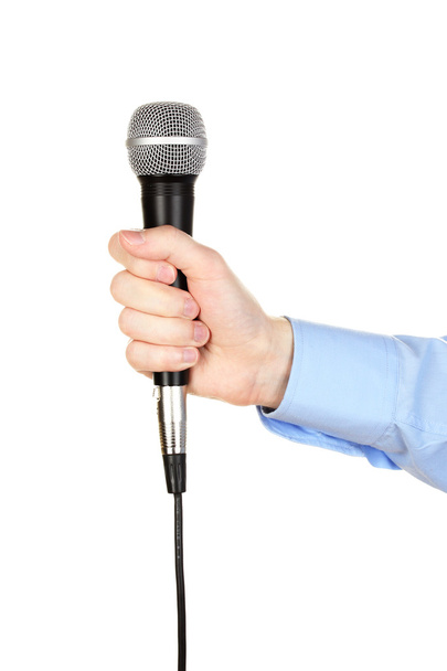 Male hand with microphone isolated on white - Foto, immagini