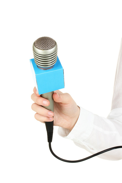 Female hand with microphone isolated on white - Φωτογραφία, εικόνα