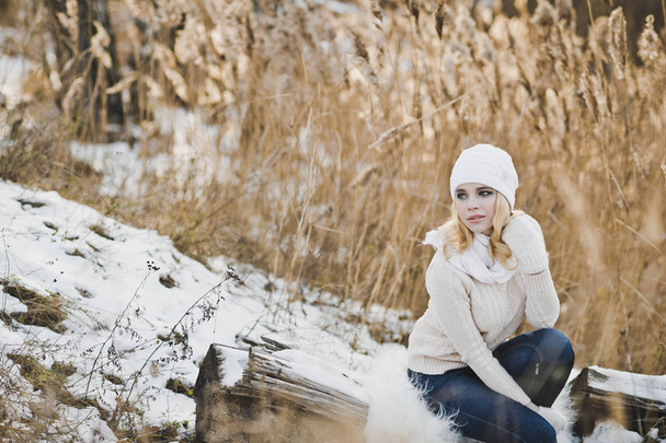 Pensive girl winter landscape among the lake reeds 9167. - Foto, imagen