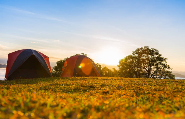 Две палатки для кемпинга на травяном полу с видом на горы в утренней сцене и вспышкой солнца
 - Фото, изображение
