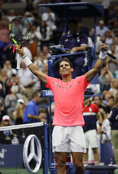 NEW YORK - AUGUST 29, 2017: Grand Slam champion Rafael Nadal of Spain celebrates victory after his US Open 2017 first round match at Billie Jean King National Tennis Center - Zdjęcie, obraz