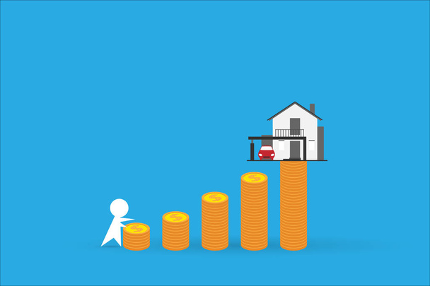 человек лазает по стопке монет с домом, недвижимостью и бизнес-концепцией
 - Вектор,изображение