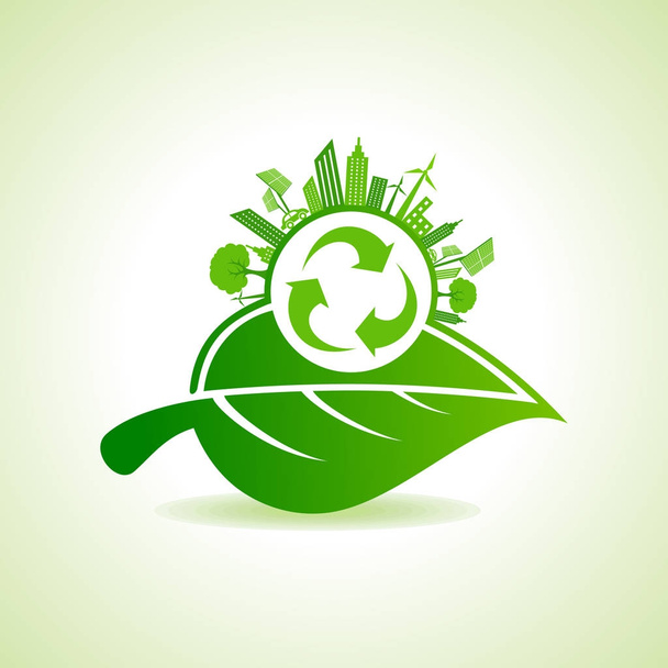 Eco Energy Concept con icona foglia, paesaggio urbano e riciclo
 - Vettoriali, immagini