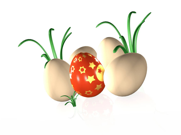 Easter eggs on white reflective background, 3D illustration. - Foto, afbeelding