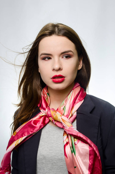 beautiful girl in jacket with scarf - Valokuva, kuva