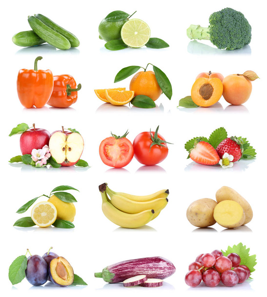 Συλλογή φρούτων και λαχανικών φρούτων απομονωμένη μήλο πορτοκάλι σταφύλι ντομάτες χρώματα σε λευκό φόντο - Φωτογραφία, εικόνα