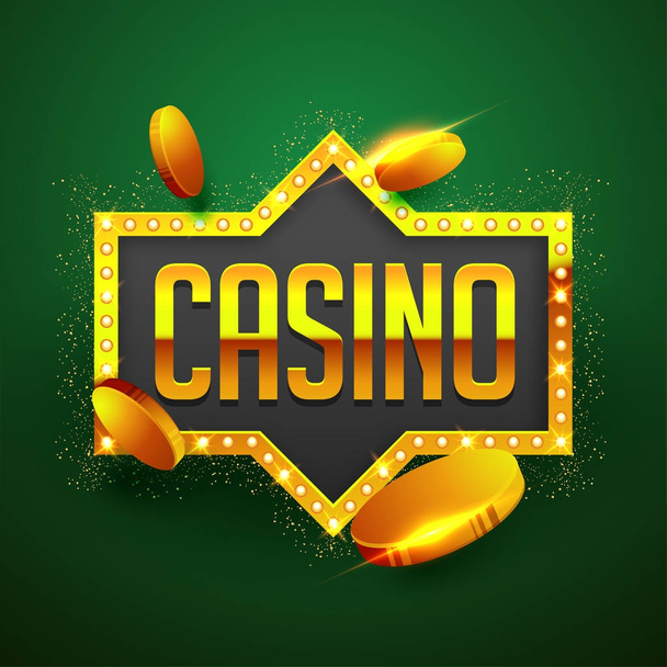 Testo d'oro Casino con monete d'oro, cornice tenda su scintillante
 - Vettoriali, immagini