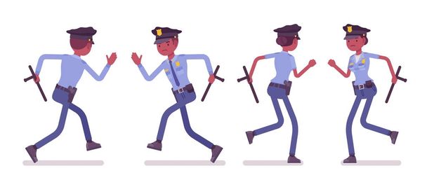 Young black police officers running - Vector, Image
