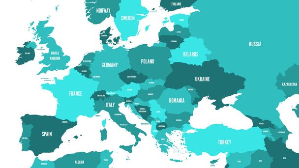Politická mapa Evropy a kavkazské oblasti v odstínech zelené na bílém pozadí. Jednoduchý plochý vektorové ilustrace - Vektor, obrázek