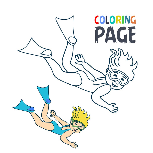 coloring page with woman divers cartoon - Vector, Image