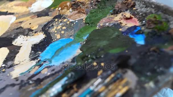 Artysta przygotowuje pędzle i palety przed utworzeniem malarstwo, visual arts, malarz maluje obraz olejny w studio - Materiał filmowy, wideo