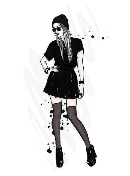A tall, slender girl in stylish clothes. A girl in a skirt, hat, glasses, stockings and boots with high heels. Fashion & Style. Vector illustration. - Vector, Image