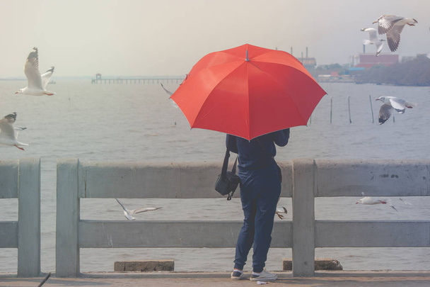 Kobieta stojąc na betonowy most, ona trzyma czerwony parasol i patrząc na morzu i seagulls latania Bangpu centrum rekreacji, Smutprakarn Province, Tajlandia. - Zdjęcie, obraz