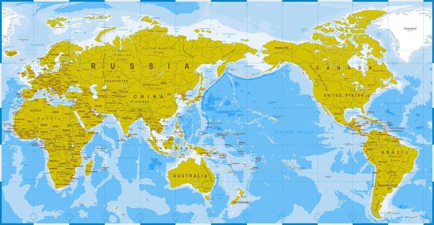 Mapa świata, niebieski zielony szczegółowe - Asia w centrum - Wektor, obraz