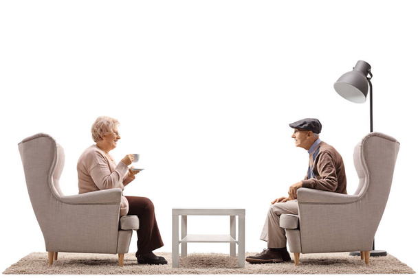 woman with a cup and an man having a conversation - Fotó, kép