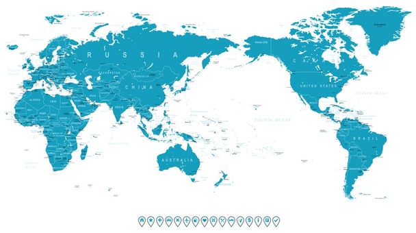 Weltkarte umreißt Silhouettenkonturen - Asien in der Mitte - Vektor, Bild