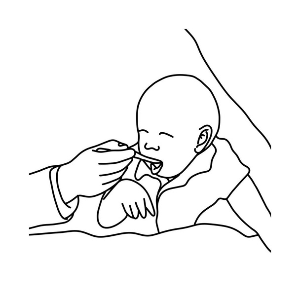 közeli anya segítő baby fogak fogmosás vektoros illusztráció vázlat kézzel rajzolt, fekete vonalakkal, elszigetelt fehér background - Vektor, kép