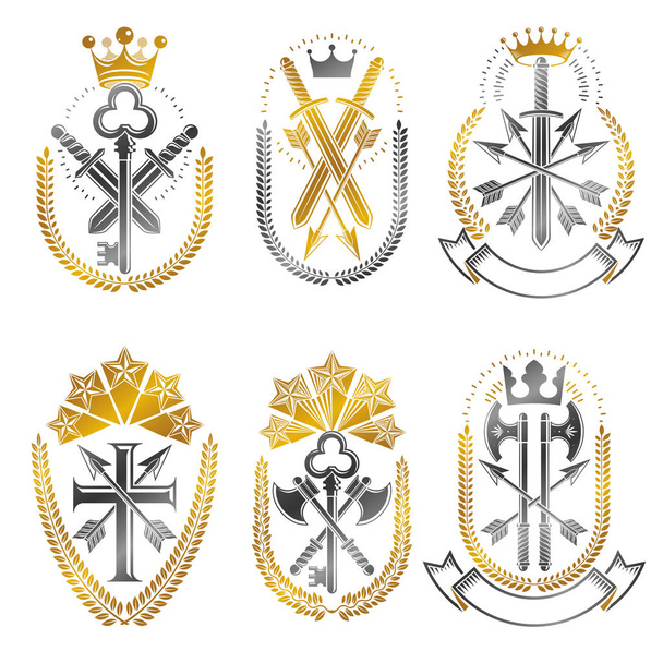 Vintage Weapon Emblems set isolated on white background. - Διάνυσμα, εικόνα