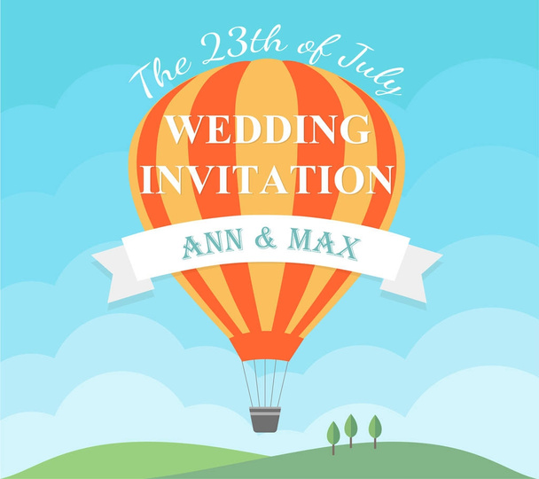 Bruiloft uitnodigingskaart met vliegende hete luchtballon - Vector, afbeelding