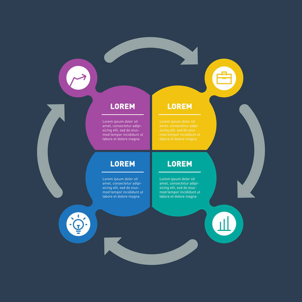 Infografik-Vorlage mit 4 Teilen, Prozessen oder Schritten. Vektorinformationsgrafik der Technologie oder des Bildungsprozesses - Vektor, Bild