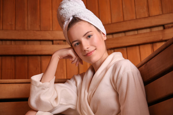 Beautiful young woman in sauna - Zdjęcie, obraz