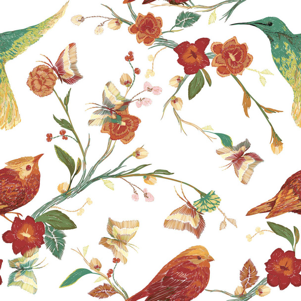 Vintage Seamless pattern: bird, butterfly and flowers, leaves, branches, isolated on background. Imitation of embroidery, watercolor. Hand drawn vector illustration, separated editable elements - Vetor, Imagem