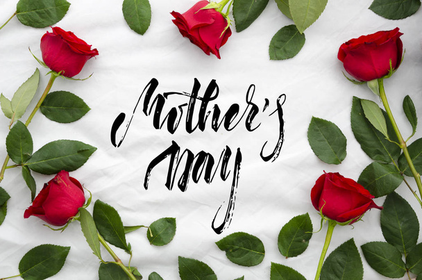 Mothers day greeting card with Red roses and trendy lettering - Photo, Image
