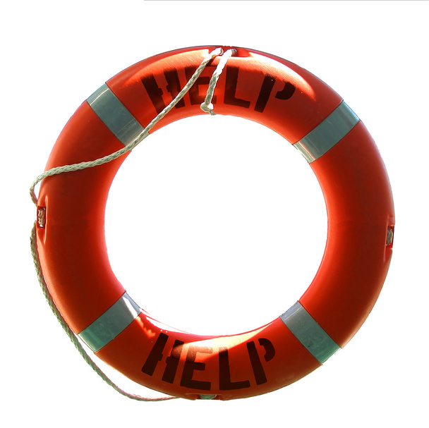 ヘルプの単語 - 白で隔離される救命浮輪 - 写真・画像