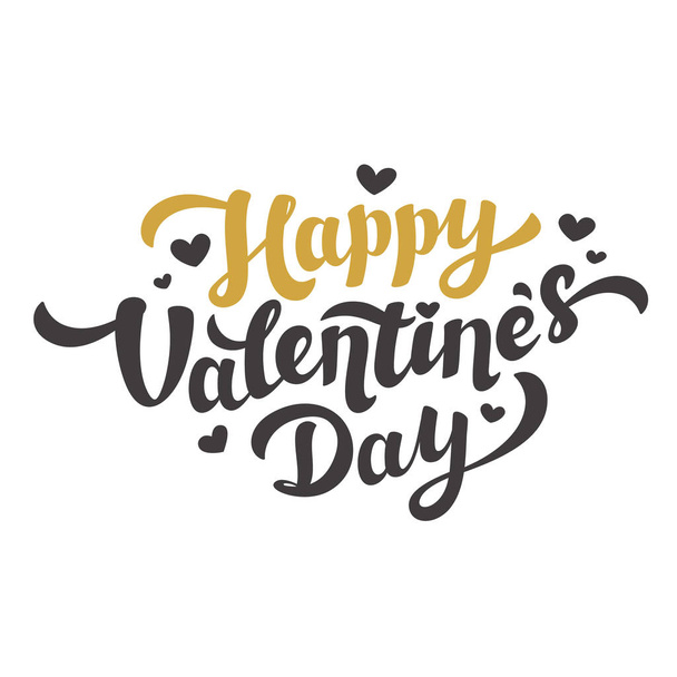 Happy Valentines Day Lettering. 14th of february greeting card. Black and gold inscription with hearts on white background. - Вектор, зображення