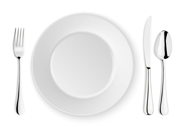 Cucchiaio vettore realistico, forchetta, coltello e piatto piatto primo piano isolato su sfondo bianco. Modello di progettazione o modello up. Vista dall'alto
 - Vettoriali, immagini