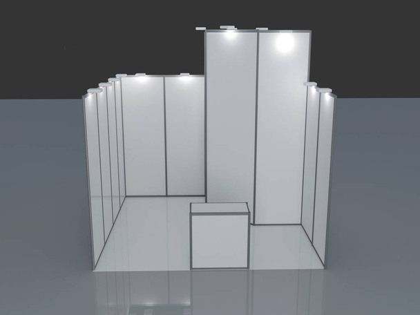 Пустой выставочный стенд. 3d визуализации изолированы на белом фоне, пустой торговый стенд события со стульями. 3D-рендеринг
 - Фото, изображение