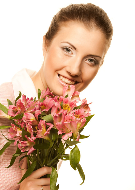 Woman with pink flowers - Фото, зображення