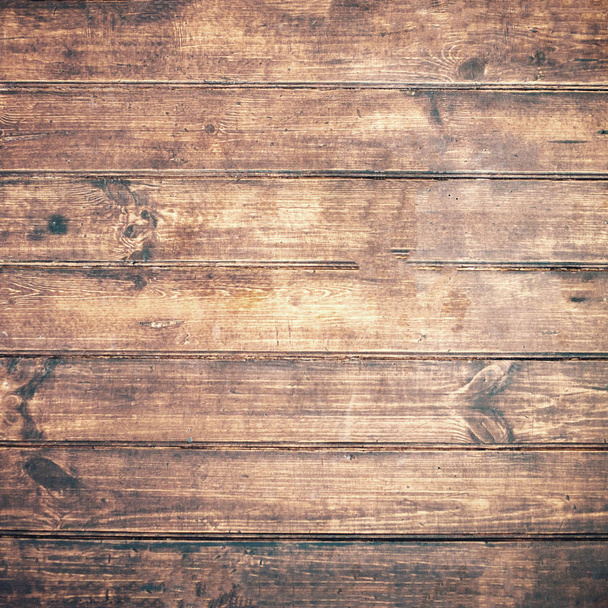 Brown wooden background. Old vintage  texture of bark wood, table or floor with horizontal dark planks. Flat lay. Nature concep - Fotoğraf, Görsel
