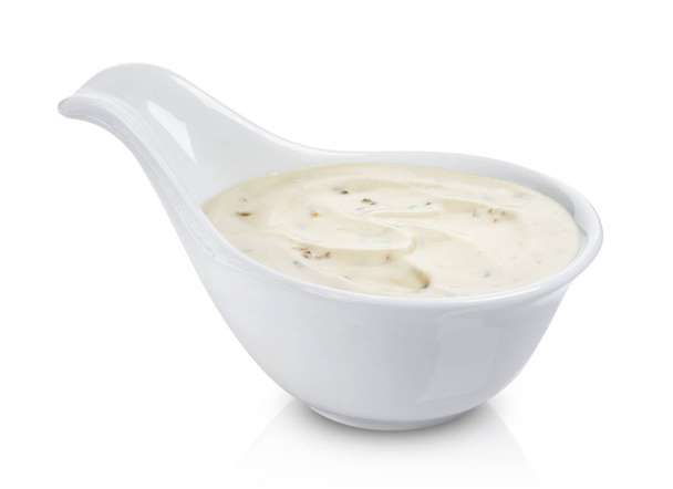 Sour cream with mushrooms. Mushroom sauce isolated on white background - Fotoğraf, Görsel