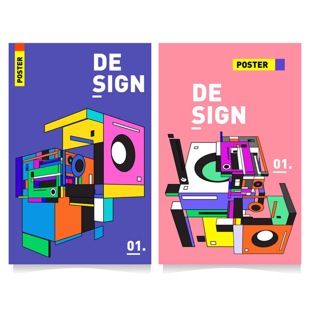Flat color covers set. Abstract colorful geometric 3d with typography design template. Trendy poster design and colorful theme. - Vector, Image