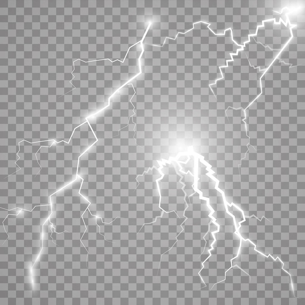 Vector ilustration. Het effect van elektrische verlichting. Donder van de bliksem op een donker blauwe achtergrond. Een symbool van natuurlijke sterkte of magie. Licht en glans, abstractie, elektriciteit en explosie. - Vector, afbeelding