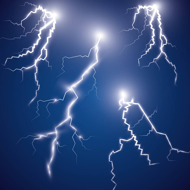 ベクトルの小話。電気照明の効果。濃い青の背景に稲妻の雷。自然の力や魔法のシンボルです。光と輝き、抽象化、電気と爆発. - ベクター画像