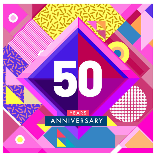 50 lat rocznica powitanie karta kolorowy numer i ramki. logo i ikony z Memphis stylu okładki i projektowania szablonu - Wektor, obraz