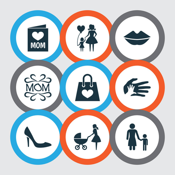 Anyák napi ikon tervezési koncepció. Készlet 9 ilyen elemek, mint a babakocsi, a madame és a meghívás. A hölgy, a baba és a szöveg szép szimbólumok. - Vektor, kép