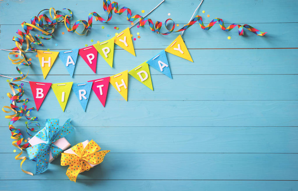 Happy birthday party background with text and colorful tools - Foto, Imagem